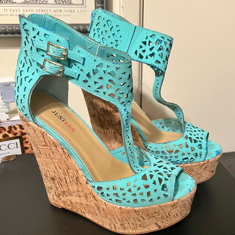 JustFab Aqua Cutout Wedge Sandals